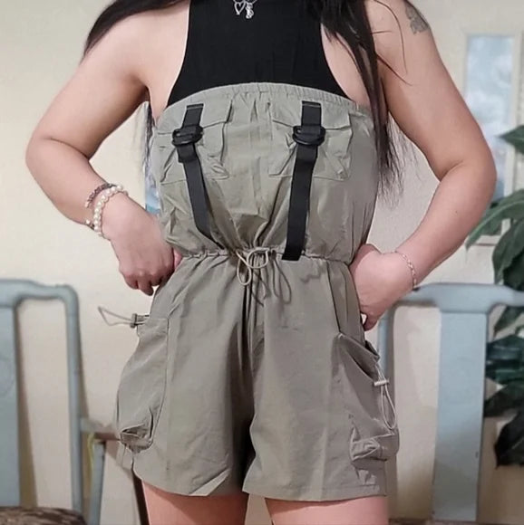 Fashion Nova Olive green utility romper